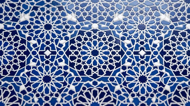 Blue and White Islamic Geometric Tile Pattern with Moroccan Mosaic Design