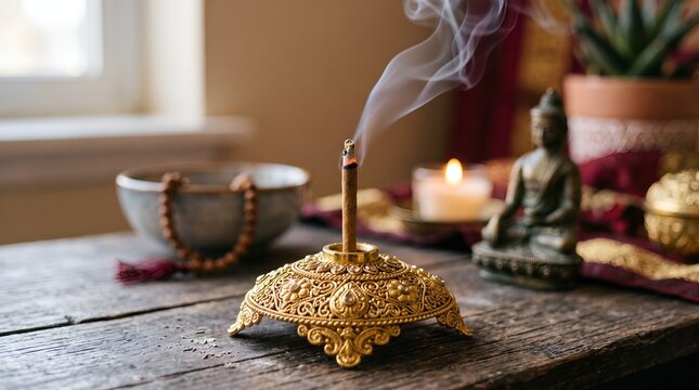 Burning incense stick in gold holder for meditation on wooden table.