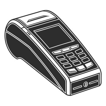Black and white POS terminal vector illustration, electronic credit card reader icon, handheld payment machine for retail and banking services