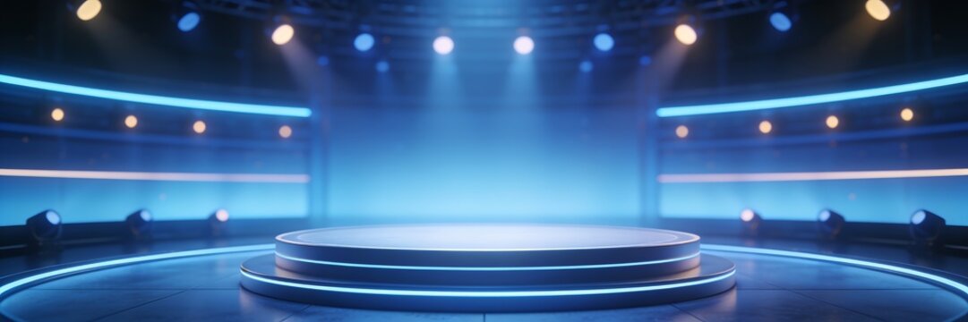 TV quiz show studio, game show stage lights, dim neon lights, soft spotlights, blue background, empty stage.