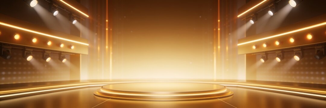 TV quiz show studio, game show stage lights, dim neon lights, soft spotlights, empty stage, gold background.