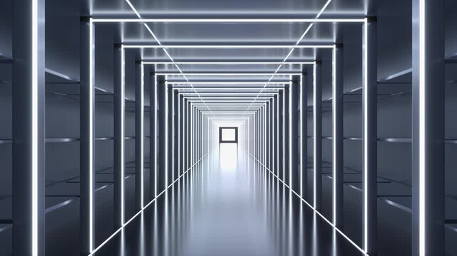 Walking through a futuristic silver neon light tunnel
