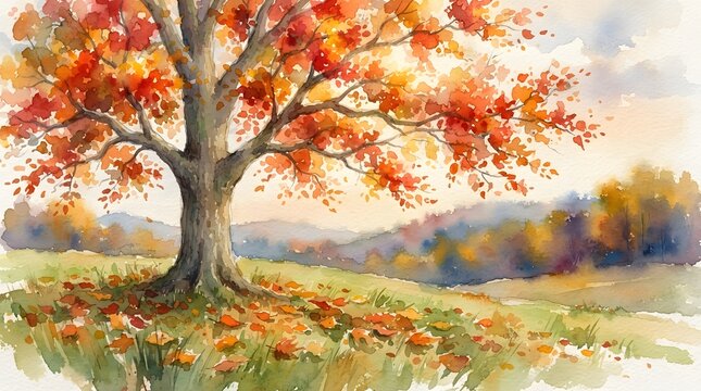 Watercolor thanksgiving background autumn tree fall foliage landscape