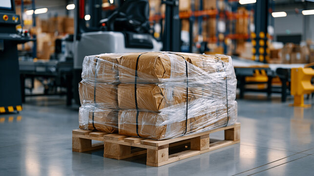 Industrial food warehouse featuring a pallet stacked with shrink-wrapped food packages awaiting transport, clean polished concrete floor, warehouse machinery, conveyor equipment, and organized stora