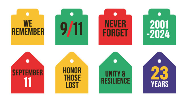 Set of colorful hanging tags featuring memorial messages for september 11th anniversary including unity and resilience text on yellow green red and blue shapes