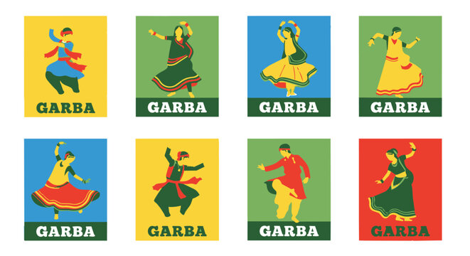 Colorful flat vector poster set featuring traditional garba dancers in vibrant yellow blue green and red costumes celebrating navratri festival with dynamic poses and bold