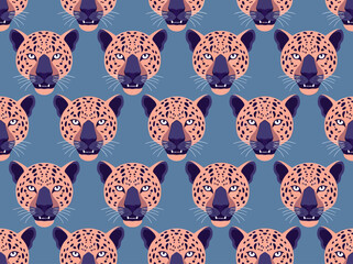 Seamless Leopard Head Pattern with Stylized Wild Cats on Blue Background © Lala