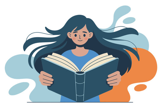 Blue-haired woman reading a book with a swirling orange background