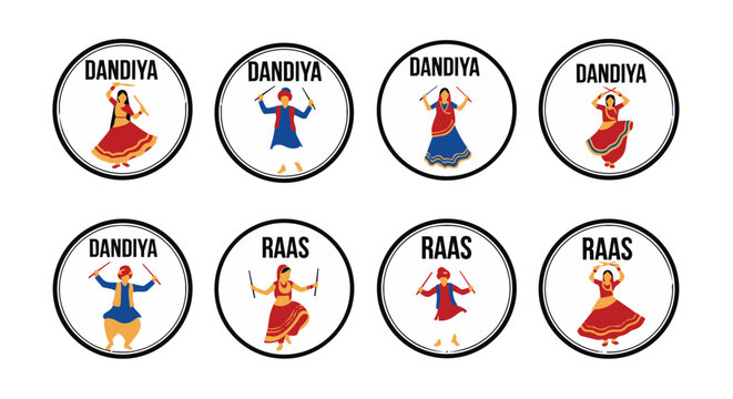 Flat vector illustration set of circular badges featuring dancers performing traditional indian garba raas and dandiya raas folk dance with colorful costumes and sticks on white