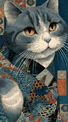 Fototapeta premium Japanese-style cat art mobile wallpaper, blue-gray cat portrait