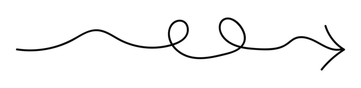 Curved Arrow Line Set, Hand Drawn Swirl Arrow, Continuous Flow Direction Path, Decorative Doodle Navigation Elements Vector set