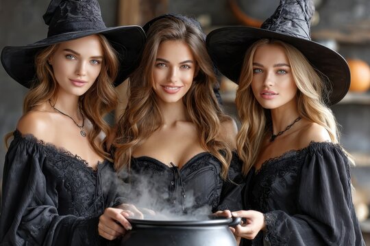 Three witches in black attire gather around a cauldron during a Halloween celebration