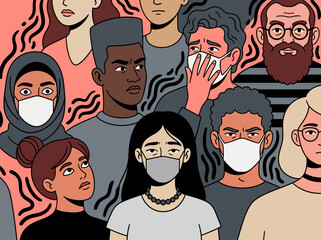 Diverse crowd illustration featuring people in face masks with anxious expressions in a public setting