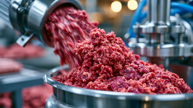 Mid-shot of freshly minced meat being smoothly poured from a large industrial bowl cutter into a stainless steel sausage stuffer machine, continuous flow of finely ground meat, polished food-grade e