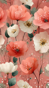 Vertical of minimal pastel flowers in seamless pattern