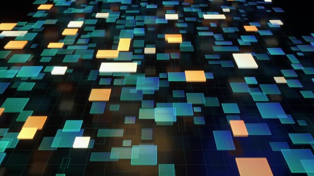 Digital ground animation of blue-green gradient glowing squares