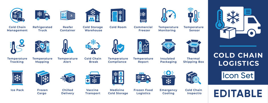Cold chain logistics icon set featuring refrigerated transport, temperature monitoring, cold storage, insulated packaging, vaccine transport, frozen food, and compliance.