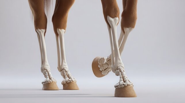 Detailed anatomical study of a horse's lower leg and foot, showcasing the skeletal structure beneath the brown hide against a neutral backdrop.