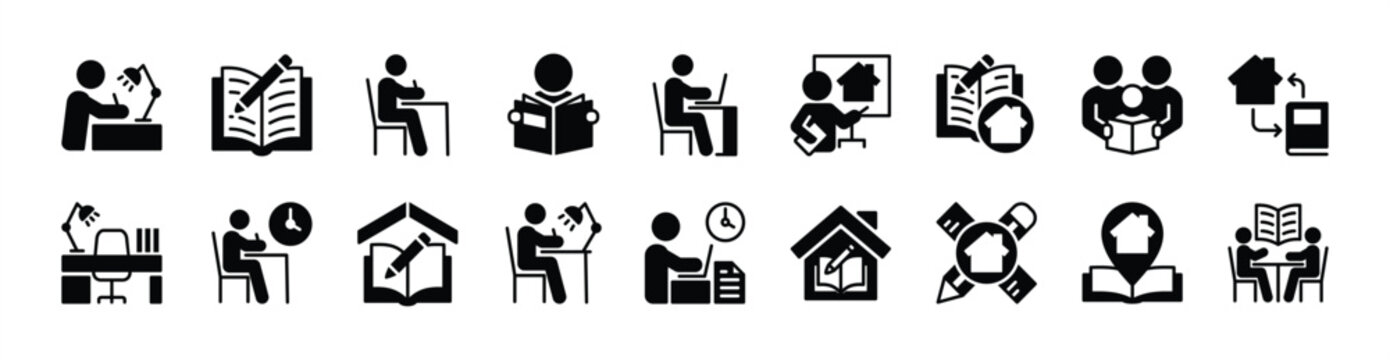 Homework icon vector set. Contains study desk, writing book, reading, learn, learning, studying together, course, hours - illustration