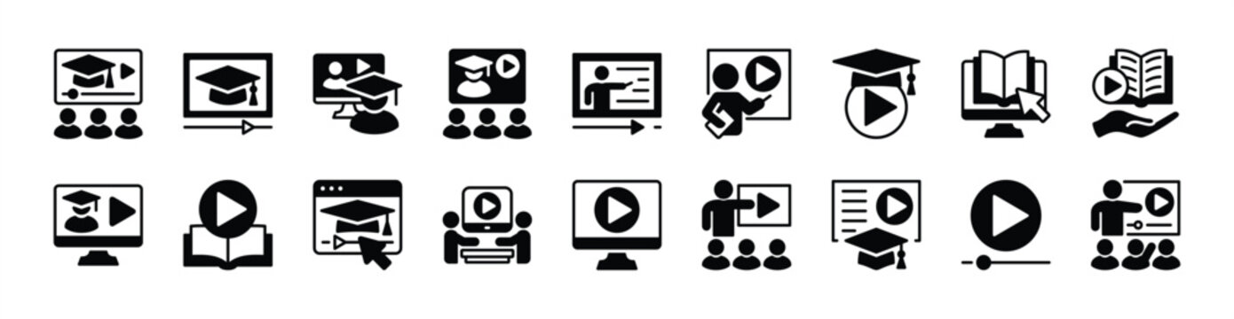 Tutorial icon vector set. Contains learning, e-learning, teaching, online education video course technology, training website, tutor, motion picture, virtual education, webinar, study - illustration