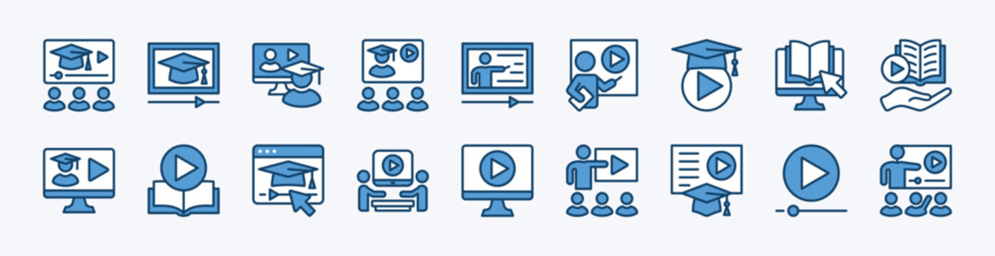 Set of tutorial icon. Contains online education video course technology, learning, e-learning, teaching, training website, tutor, motion picture, virtual education, webinar, study - vector illustratio
