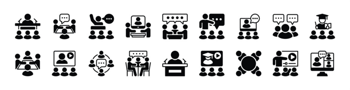 Conference icon vector set. Contains meeting, workshop, seminar, presentation, conversation, advice, discussion, coaching, communication, virtual online learning, teaching - illustration
