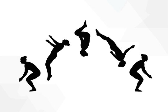 Gymnast performing backflip sequence silhouette on white background