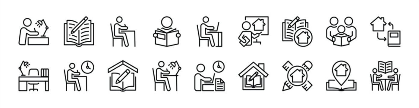 Homework icon set. Contains study desk, writing book, reading, hours, learn, studying together, course, learning - vector illustration