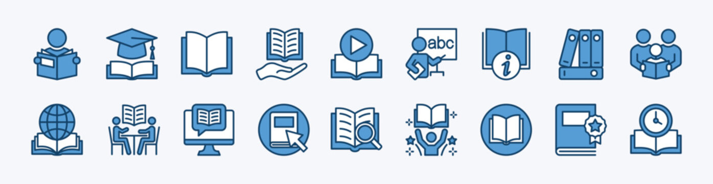 Set of reading book icon. Contains library, open book, e-learning, learning, study group, education, guide, teaching, academic, research, information - vector illustration