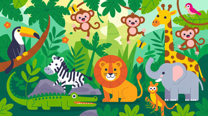 Naklejka premium Colorful cartoon jungle scene with various animals including monkeys toucans zebras lions elephants colorful wildlife illustration