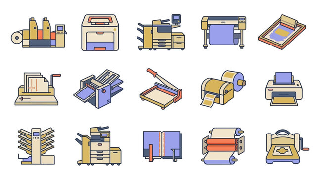 Professional Printing and Binding Equipment Icon Set featuring Digital Printers, Copiers, Plotters, Paper Cutters, and Industrial Bookbinding Machines