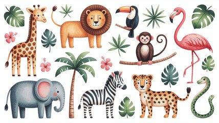 Naklejka premium Colorful illustration of various animals in a tropical setting including a giraffe lion toucan monkey flamingo elephant zebra leopard with tropical