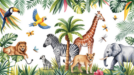 Obraz premium Illustration of various animals in a lush jungle environment including a giraffe lion toucan monkey zebra elephant with wild animals, animal illustrat