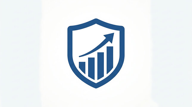 Blue shield icon with bar chart and upward arrow on white background symbol security