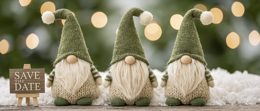 Three charming knitted gnome figurines beside a Save the Date sign evoke festive warmth. Perfect for holiday event invitations, seasonal greeting cards, and Christmas marketing campaigns.