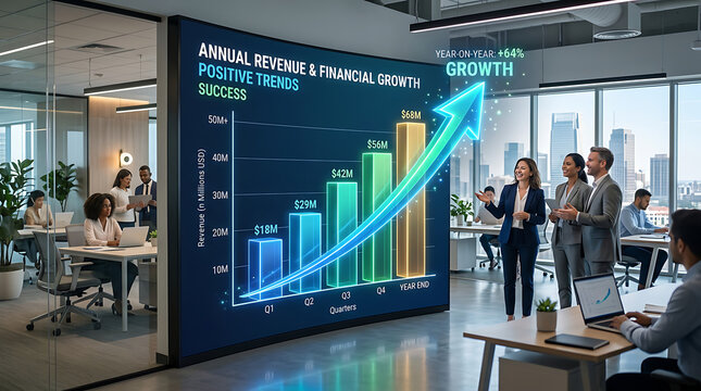 Diverse business team presenting financial growth on a large curved screen in modern office business growth