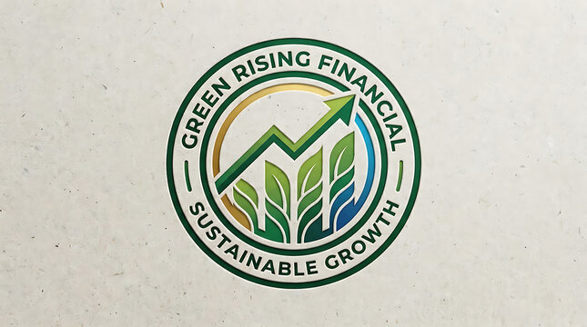 Green financial growth logo with leaves and upward arrow on textured background emblem rising arrow