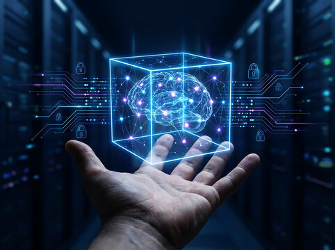 Futuristic Artificial Intelligence Concept with Glowing AI Technology Network in Human Hand