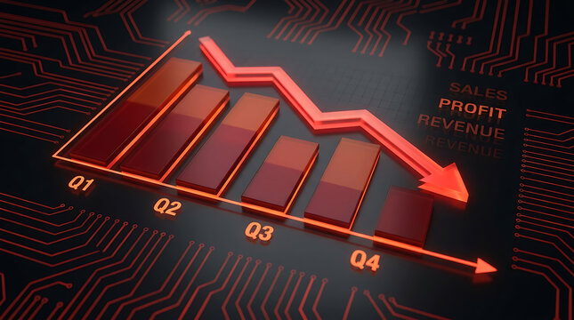 Red Neon Downward Trend Bar Chart with Circuit Board Background and Financial Terms profit revenue