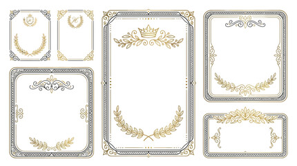 Fototapeta premium Golden Decorative Frames with Laurel Wreaths and Crowns - Vintage Ornate Borders