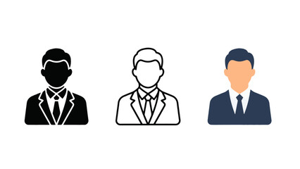 Fototapeta premium Modern Business Avatar Icon Set – Male Corporate Profile Silhouettes in Flat, Outline and Colored Styles