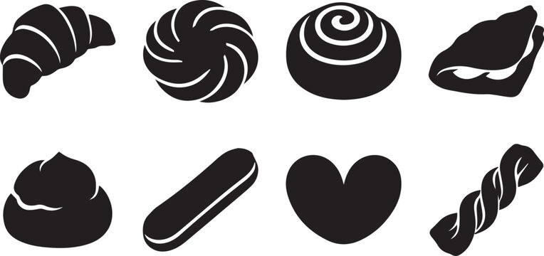 Black bakery silhouette vector set featuring croissant cinnamon roll eclair cream puff turned donut and pastries