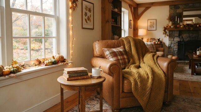 Cozy thanksgiving background autumn living room with fireplace and fall decor