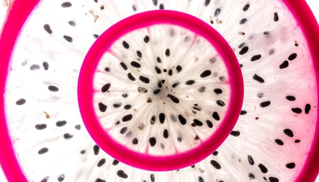 Close-up view of a sliced dragon fruit showing its white flesh and black seeds, a vibrant and healthy tropical fruit