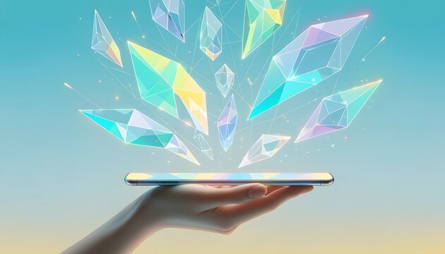 Advanced mobile fintech and modern decentralized token platforms. Creative digital art asset portfolios. Human hand balancing a sleek smartphone emitting colorful glowing neon crystals