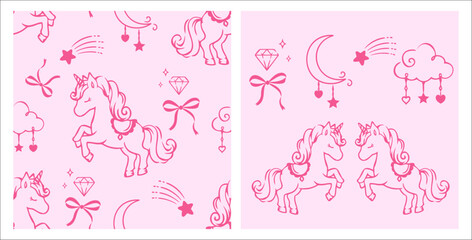 Fototapeta premium Cute seamless unicorn pattern featuring magical horses, crescent moon, shooting stars, bows, diamonds, and dreamy clouds in hand drawn pink line art style for fabric, nursery decor and wrapping paper.