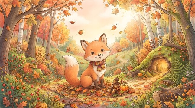 Autumn fox thanksgiving background festive fall forest scene for holiday graphics