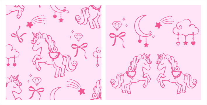 Cute seamless unicorn pattern featuring magical horses, crescent moon, shooting stars, bows, diamonds, and dreamy clouds in hand drawn pink line art style for fabric, nursery decor and wrapping paper.