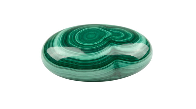 Polished oval malachite gemstone with concentric green banded patterns isolated on a black mineral d