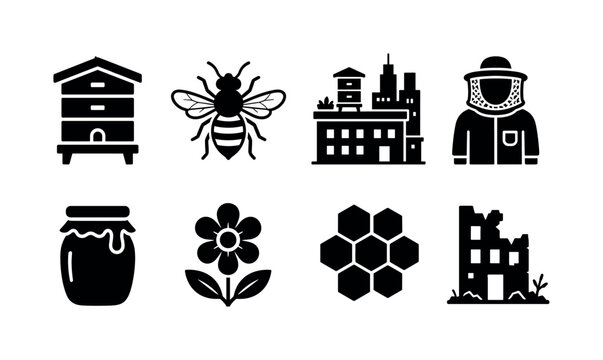 Urban Beekeeping. Filled icon set of Urban Beekeeping: beehive, bee, rooftop building, beekeeper suit, honey jar, flower, honeycomb, abandoned building. Solid icons set. All icons in only black color.
